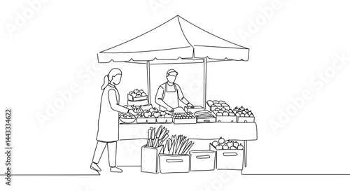 Farmers market scene with vendors selling fresh produce  