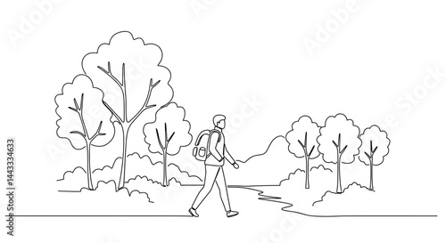 Person walking with backpack in a forest landscape  
