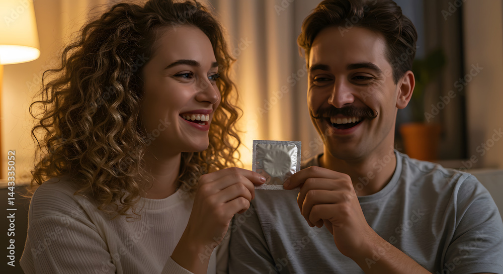 Smiling couple holds a condom, symbolizing a conversation about protection and intimacy in a relationship. Smiling couple holds a condom, symbolizing a conversation about protection and intimacy in a relationship.