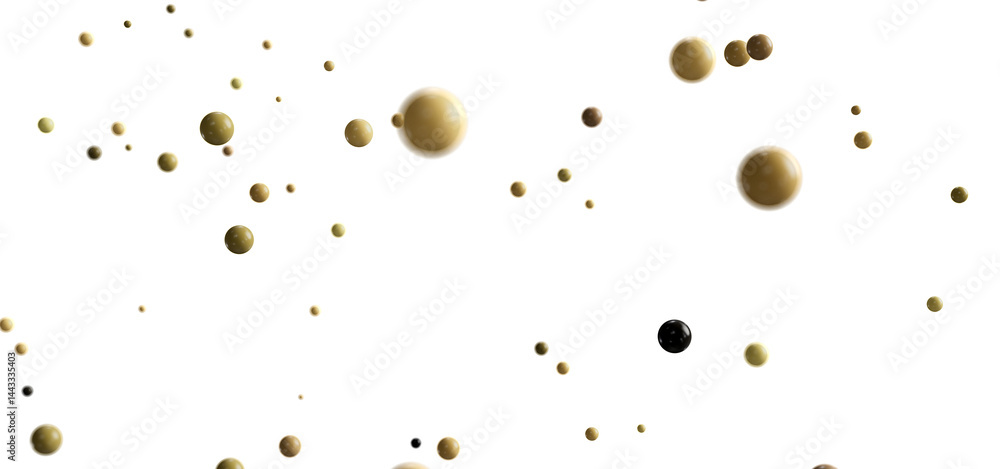 Abstract background image with beige and black spheres of varying sizes floating on a white background. Abstract background image with beige and black spheres of varying sizes floating on a white background.