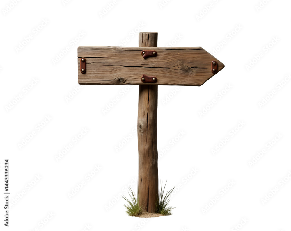 A weathered wooden signpost with an arrow pointing towards the right, adorned with rustic metal accents, suggesting a path to follow or a direction in an outdoor setting