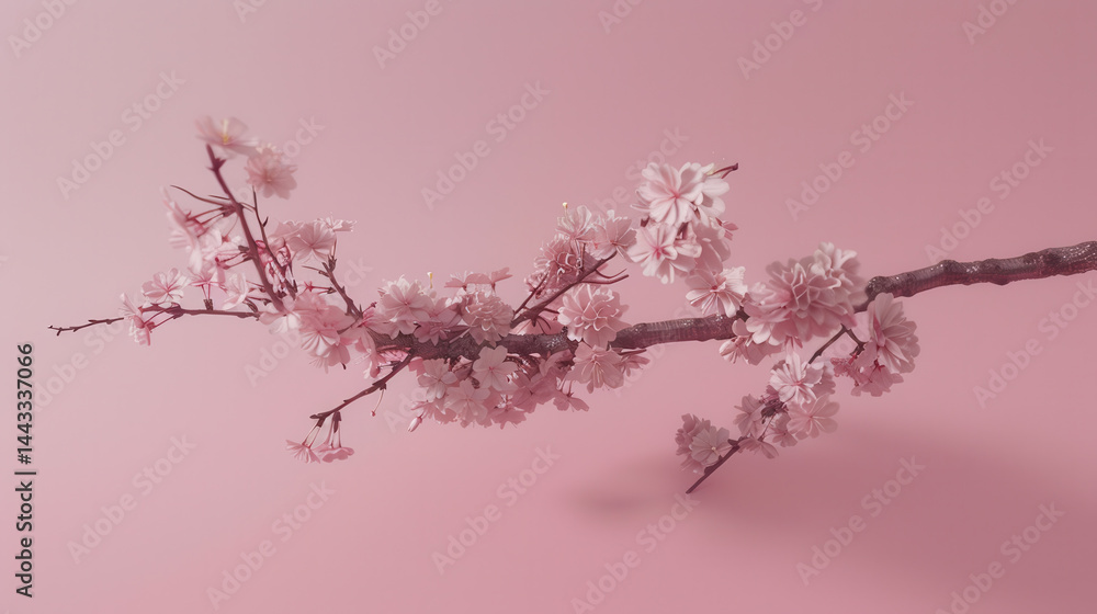 Delicate branch adorned with soft pink cherry blossoms against gentle pink background creates serene and tranquil atmosphere