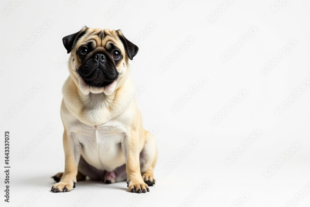 Adorable pug dog sits alone, white background, sweet, calm, adorable Adorable pug dog sits alone, white background, sweet, calm, adorable