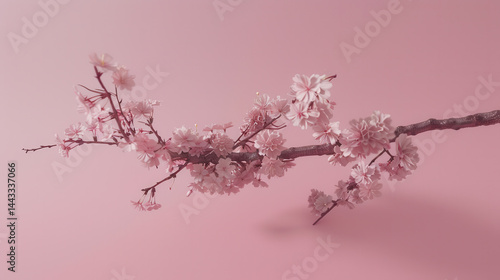 Delicate branch adorned with soft pink cherry blossoms against gentle pink background creates serene and tranquil atmosphere