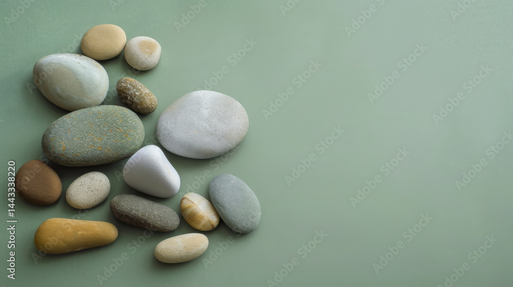 Small collection of pebbles arranged on muted pastel background, creating serene and calming atmosphere