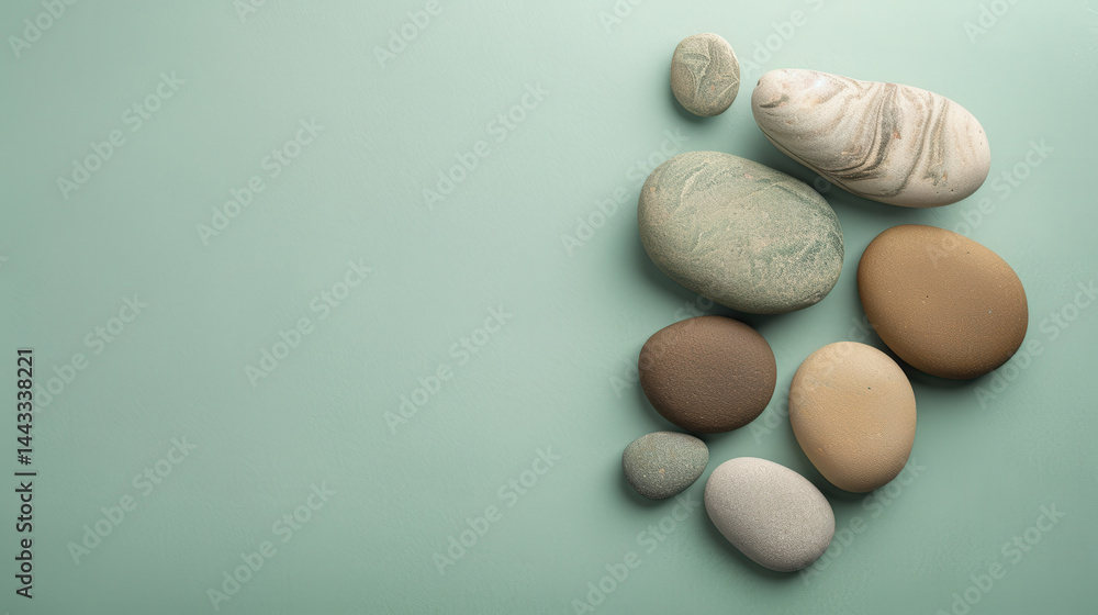 Small collection of pebbles arranged on muted pastel background, showcasing natural textures and colors, evoking sense of calm and tranquility