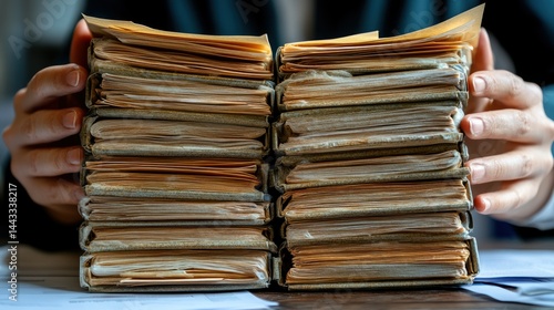 A stack of aged, bound documents held in hands.  Documents are tightly bound, appearing historical, perhaps archival