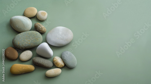 Obraz na płótnie Small collection of pebbles arranged on muted pastel background, creating serene and calming atmosphere w salonie