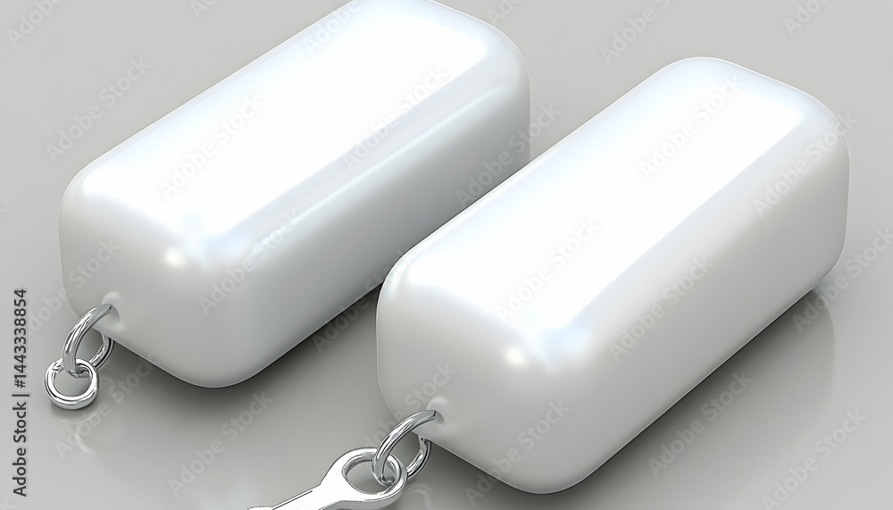 Two sleek white keychains with blank rectangular surfaces, ideal for branding or mockup designs. Perfect for showcasing logos or designs. Two sleek white keychains with blank rectangular surfaces, ideal for branding or mockup designs. Perfect for showcasing logos or designs.