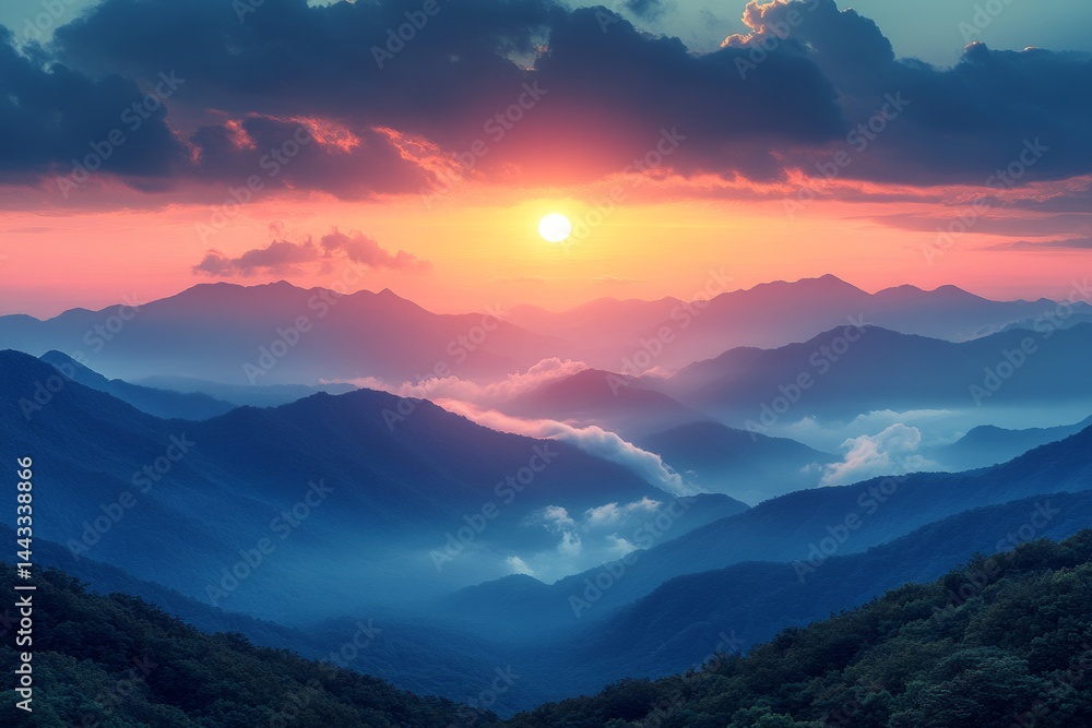 Fototapeta premium Breathtaking Sunrise Over Mountain Range Nature Landscape Photography Serene Majestic Viewpoint