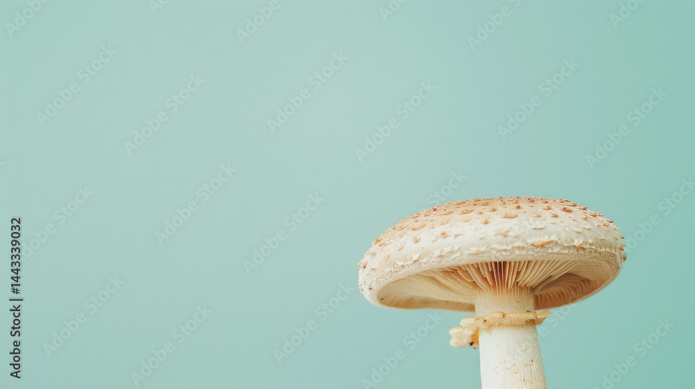 Wild mushroom cap on light pastel green background, showcasing its unique texture and shape, evokes sense of nature beauty