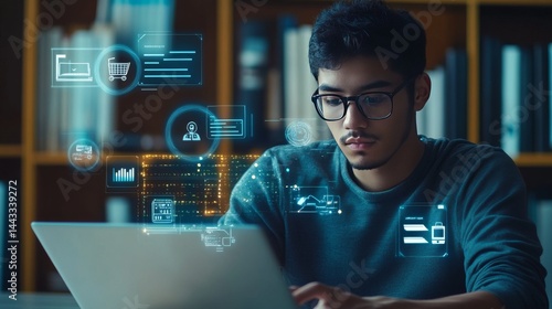Online learning: A man uses a laptop to study. Icons show online education, AI learning, and video courses. He's learning through the internet.
