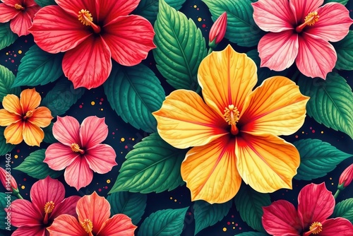 Wallpaper Mural Bold blooming hibiscus pattern, vibrant tropical motif, vivid color , hibiscus, flower, flora Torontodigital.ca