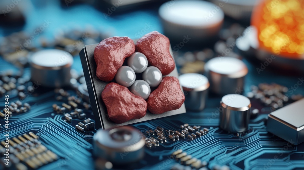 Rare Earth Electronics Concept, Holographic Projection of a Rare Earth Element on a Circuit Board in a High-Tech Environment