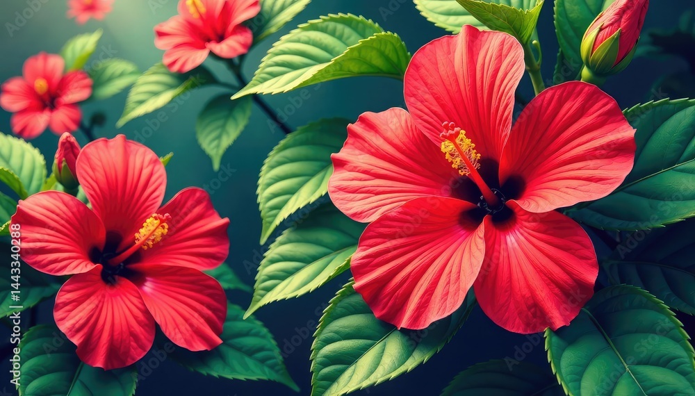 Bold hibiscus motifs, stylized leaves, rich color palette , exotic, Hibiscus Bold hibiscus motifs, stylized leaves, rich color palette , exotic, Hibiscus