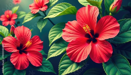 Wallpaper Mural Bold hibiscus motifs, stylized leaves, rich color palette , exotic, Hibiscus Torontodigital.ca