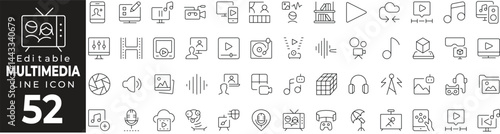 Multimedia Thin Line Icon Set. Audio, Video, Media, Content Creation, and More. Vector Illustration.