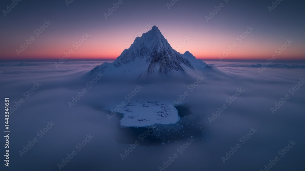 Fototapeta premium Majestic snow-covered mountain peak rising above clouds at sunset.