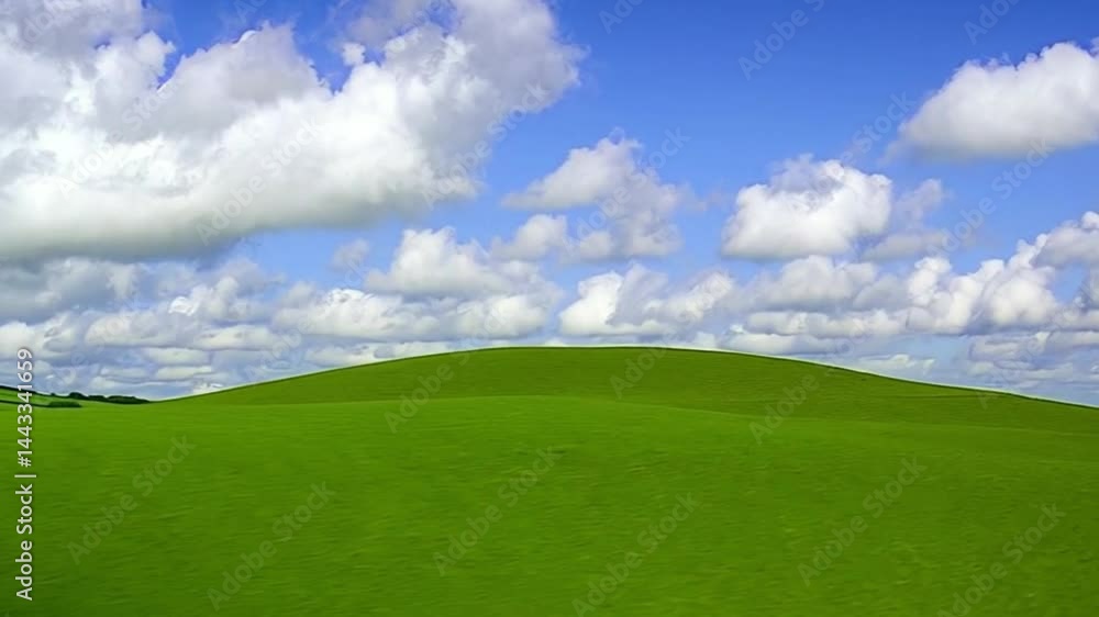 A serene vista unfolds with a lush green field meeting a vibrant blue sky, occasionally adorned with fluffy white clouds A serene vista unfolds with a lush green field meeting a vibrant blue sky, occasionally adorned with fluffy white clouds