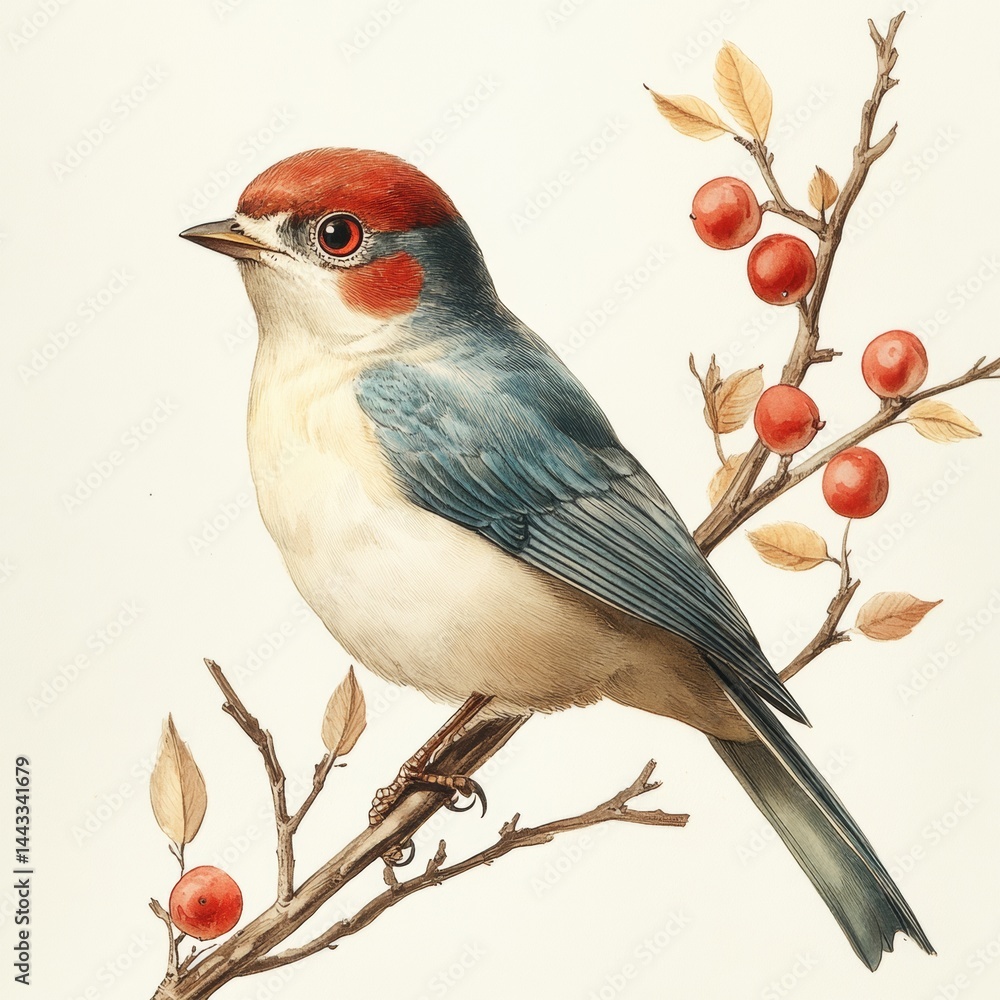 Fototapeta premium Bird Observing Delicate Blossoms Enchanted Forest Wildlife Photography Natural Habitat Close-Up