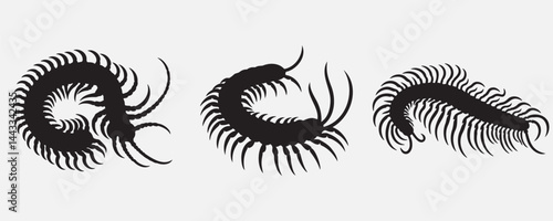 Silhouettes of centipedes in various curved positions, showcasing their segmented bodies and numerous legs on a light gray background