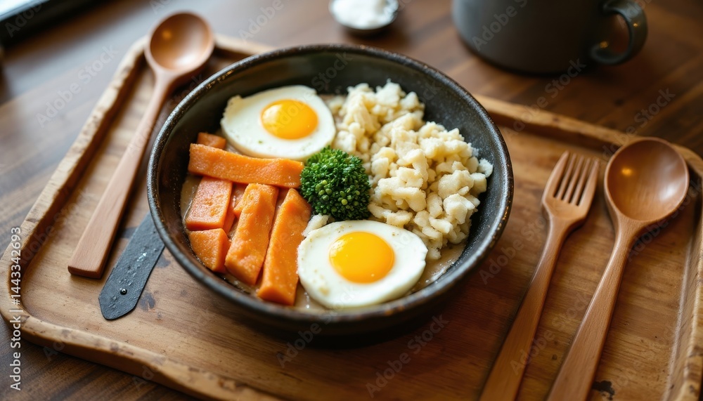 A hearty breakfast bowl with fried eggs, sliced sausages, scrambled eggs, broccoli, and wooden cutlery on a tray. A hearty breakfast bowl with fried eggs, sliced sausages, scrambled eggs, broccoli, and wooden cutlery on a tray.