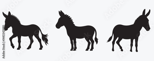 3filesetSilhouettes of donkeys in various standing poses, each with distinct ear and tail positions, rendered in black against a light background for a bold and rustic animal profile
