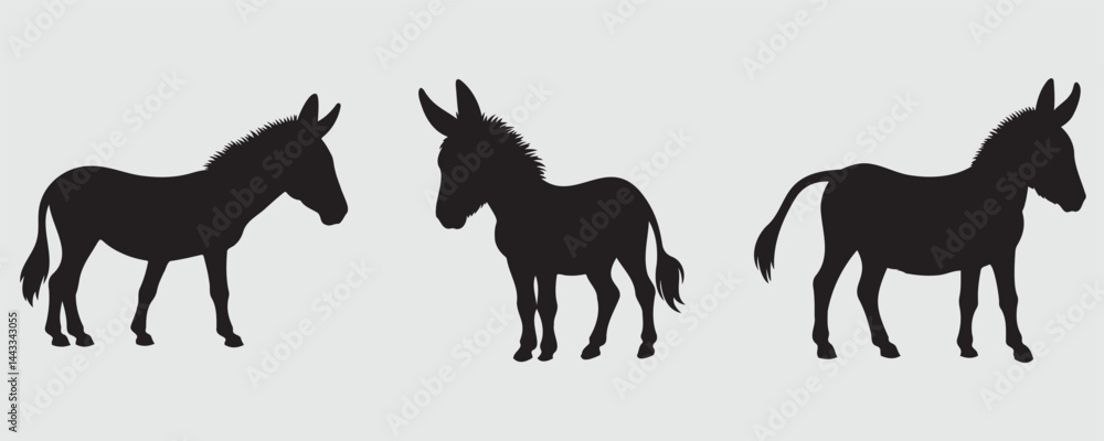 Obraz premium Silhouettes of donkeys in various standing poses, each with distinct ear and tail positions, rendered in black against a light background for a bold and rustic animal profile