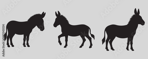 Silhouettes of donkeys in various standing poses, each with distinct ear and tail positions, rendered in black against a light background for a bold and rustic animal profile