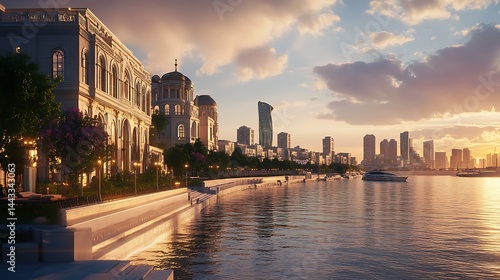 Peaceful view of Muscat coastline with ancient buildings and palm trees high resolution picture
