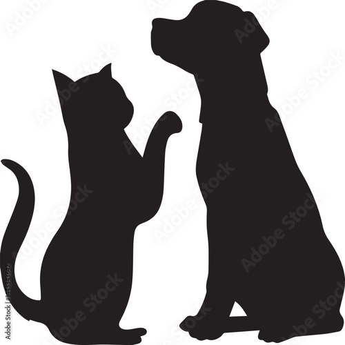 A cute black cat silhouette and dog, a vector illustration of two domestic animals showing love