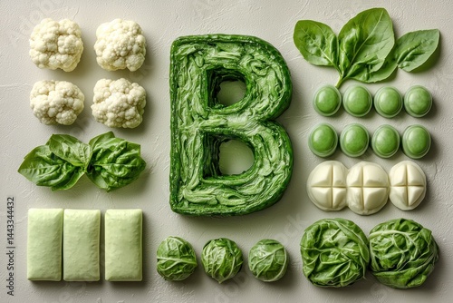 Vitamin B sources cauliflower, spinach, basil, cabbage, chewing gum, tablets. Flat lay.