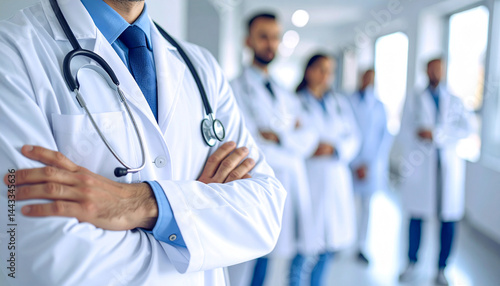 Equipo medico con un doctor profesional de la medicina y la salud con bata blanca y estetoscopio de pie junto a otros medicos en un pasillo de un hospital luminoso concepto de seguro de salud