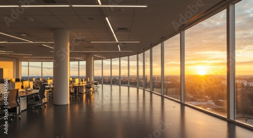 Fototapeta Naklejka Na Ścianę i Meble -  Modern office interior with large windows overlooking a city at sunset.