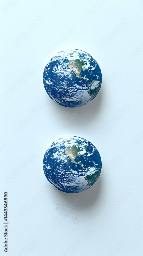 Two earth globes positioned vertically showcasing continents and oceans against a light background Two earth globes positioned vertically showcasing continents and oceans against a light background