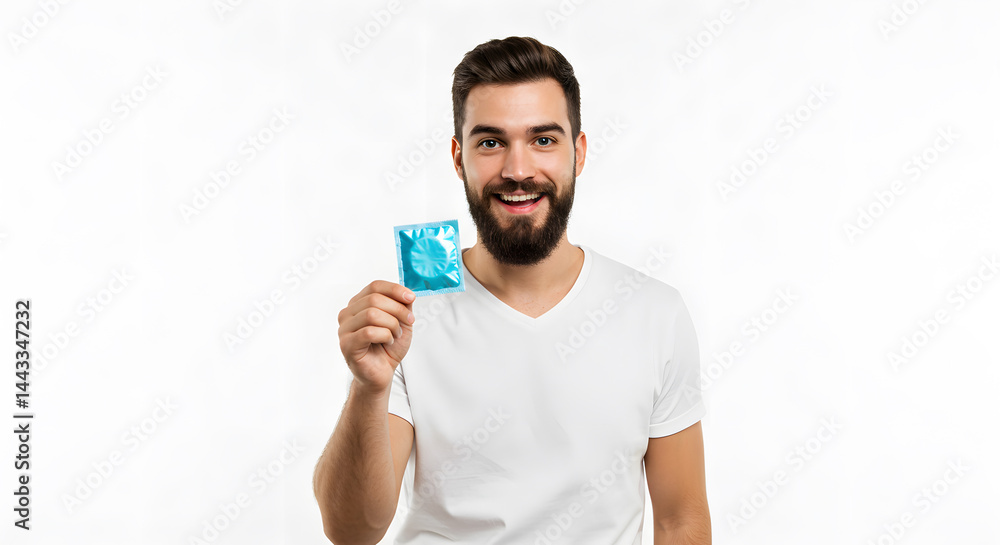 A smiling man confidently holds up a condom, promoting safe sexual practices and health awareness. A smiling man confidently holds up a condom, promoting safe sexual practices and health awareness.