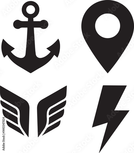 Vector Silhouette Icon Set of Anchor, Map Pin, Lightning Bolt, and Wing. Minimalist Clipart Collection.