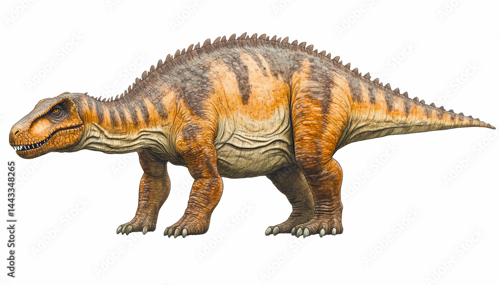 Obraz premium Detailed illustration of a powerful, orange and brown dinosaur, showcasing its scales and imposing presence against a white background. Ideal for educational or artistic projects.
