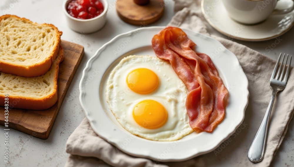 A classic breakfast plate with sunny-side-up eggs, crispy bacon, sliced bread, and a cup of coffee on a rustic table. A classic breakfast plate with sunny-side-up eggs, crispy bacon, sliced bread, and a cup of coffee on a rustic table.