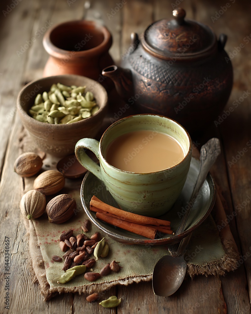 Spiced tea with cinnamon stick, cardamom and other spices on wooden backdrop Spiced tea with cinnamon stick, cardamom and other spices on wooden backdrop