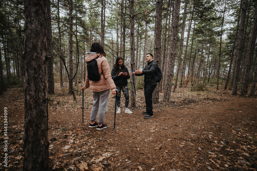 Fototapeta premium Three friends enjoy a nature walk in a scenic woodland, sharing moments and experiences while surrounded by tall trees under an overcast sky.