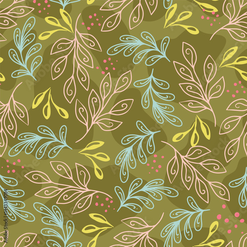 Wallpaper Mural Green Linear Leaves Vector Seamless Pattern Torontodigital.ca