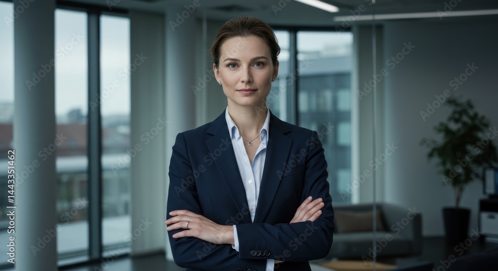 Woman in suit with arms crossed in office setting looking at camera. Woman in suit with arms crossed in office setting looking at camera.