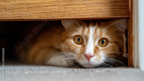 Ginger Tabby Peeking from Underneath a Cabinet