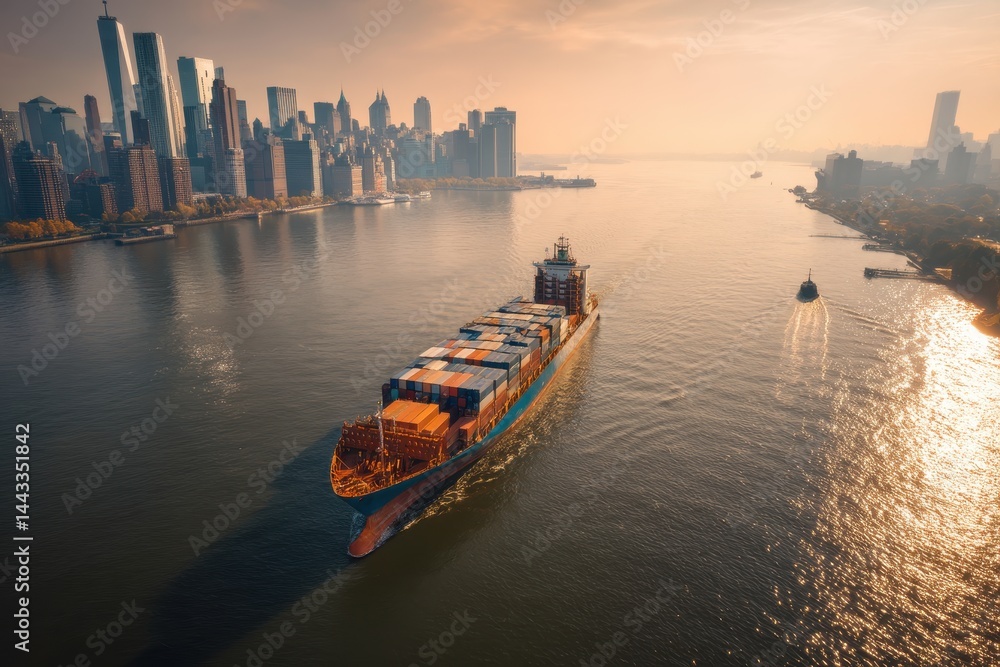 Container Ship on the Hudson River, New York City Skyline Container Ship on the Hudson River, New York City Skyline