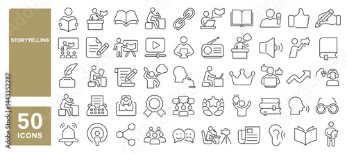 Set of 50 line icons related to storytelling, content creation, storyteller, influencer, podcast, reader, writing, stories, Editable stroke. Vector illustration