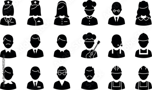 Profession occupation icon set. Vector glyph pictograms of doctor, engineer, teacher, musician, police officer, career, workforce, business black silhouette