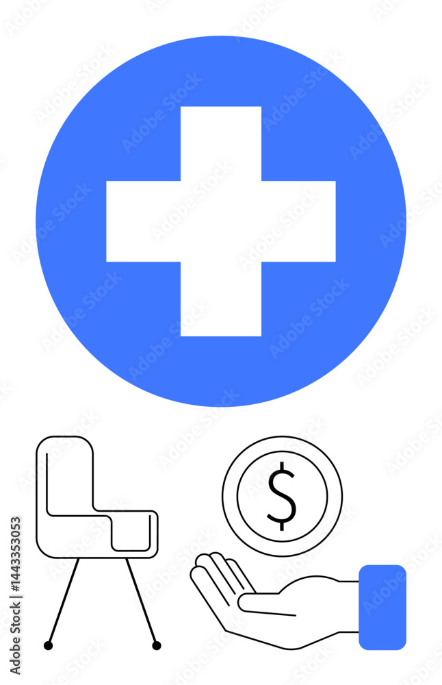Obraz premium Blue medical cross, open hand with coin, modern chair symbolizing healthcare, finance, comfort, and support. Ideal for insurance, hospital, finance therapy well-being charity simple landing page