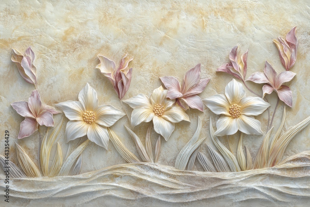Ornate floral bas-relief design on a light beige surface. Ornate floral bas-relief design on a light beige surface.