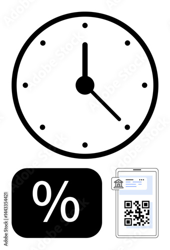 Analog clock, percentage sign for discount, and smartphone with QR code highlight time management, sales incentives, secure payments, e-commerce, mobile banking, efficiency and connectivity. Ideal